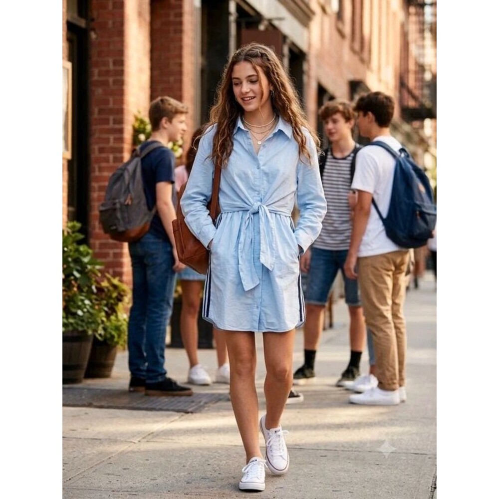 Zara Light Blue Tie-Front Shirt Dress (Long Sleeve).  Size 13-14 years